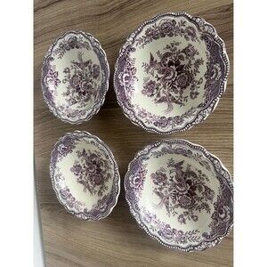 Set of 4 Crown Ducal Bristol Mulberry Bowls Purple Transferware Floral Bird